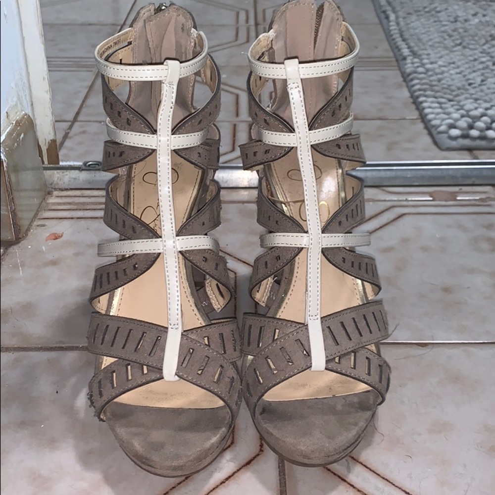 Jessica Simpson Taupe and Cream Strappy Platform Sandals